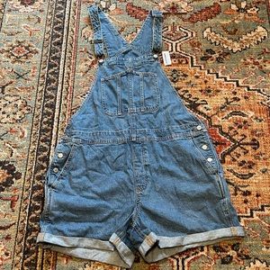 Old Navy Slouchy Straight Non Stretch Jean Short Overalls Medium Wash Sz XL NWT